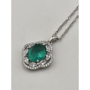 DSMK 925 STERLING SILVER CZ EMERALD PENDANT NECKLACE